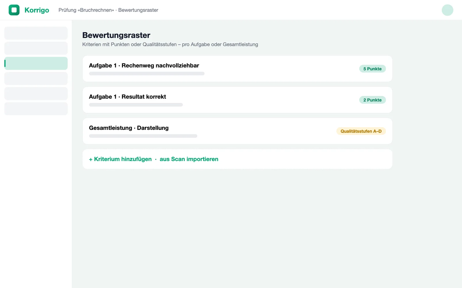 Bewertungsraster mit Kriterien, Punkten und Qualitätsstufen