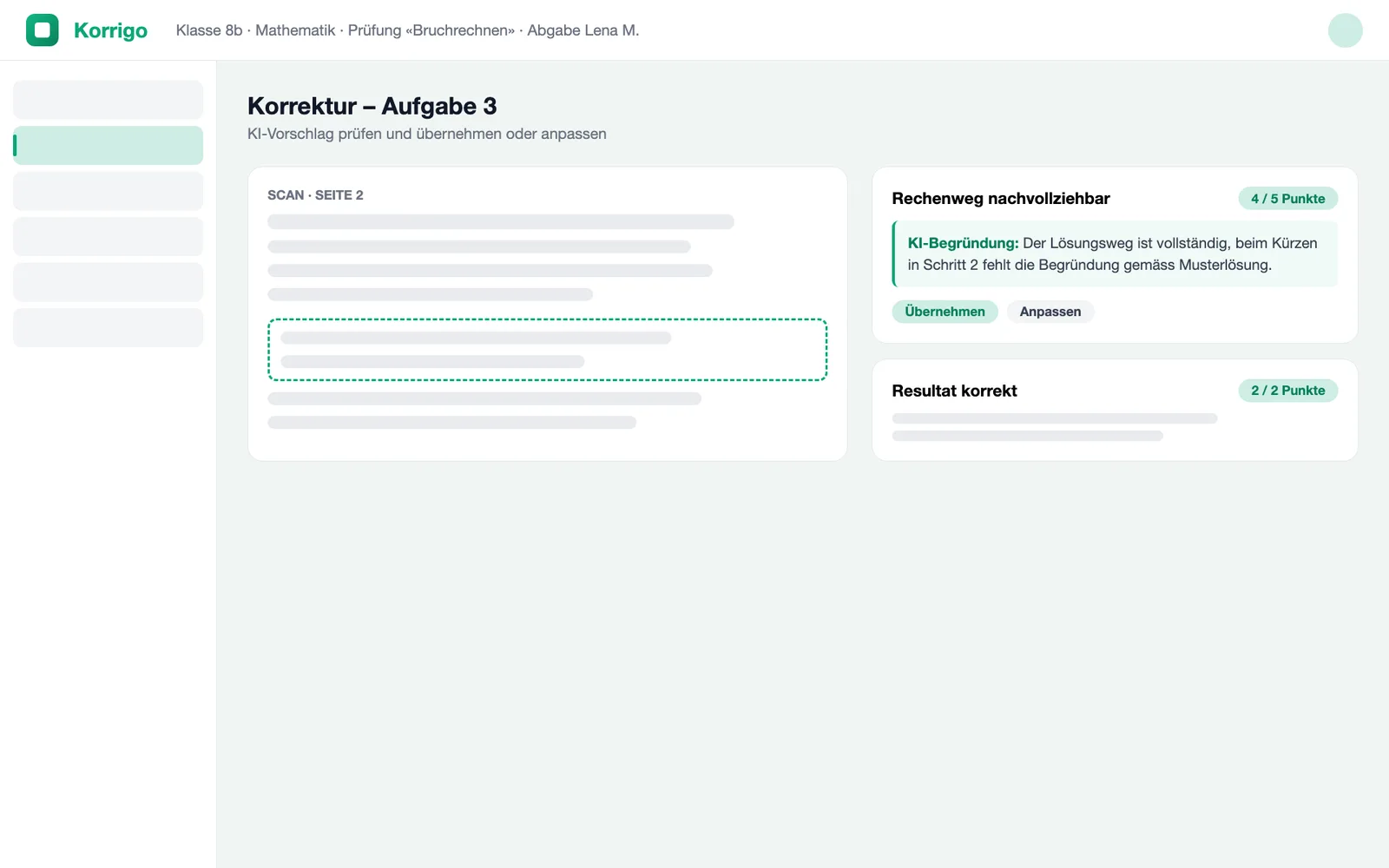 Korrektur-Ansicht mit Scan und KI-Begründung pro Kriterium